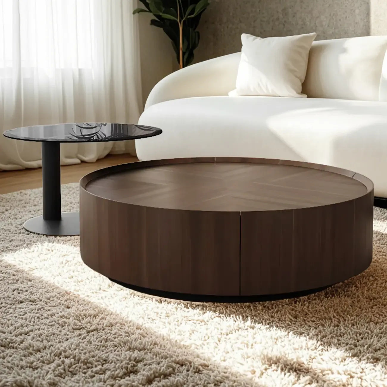 Brown Round Sleek Round Wood Coffee Table with Storage