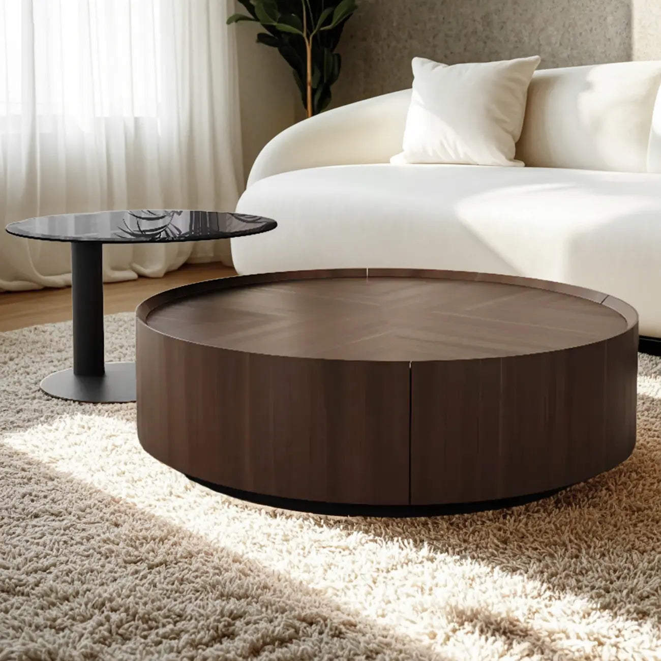 Brown Round Sleek Round Wood Coffee Table with Storage