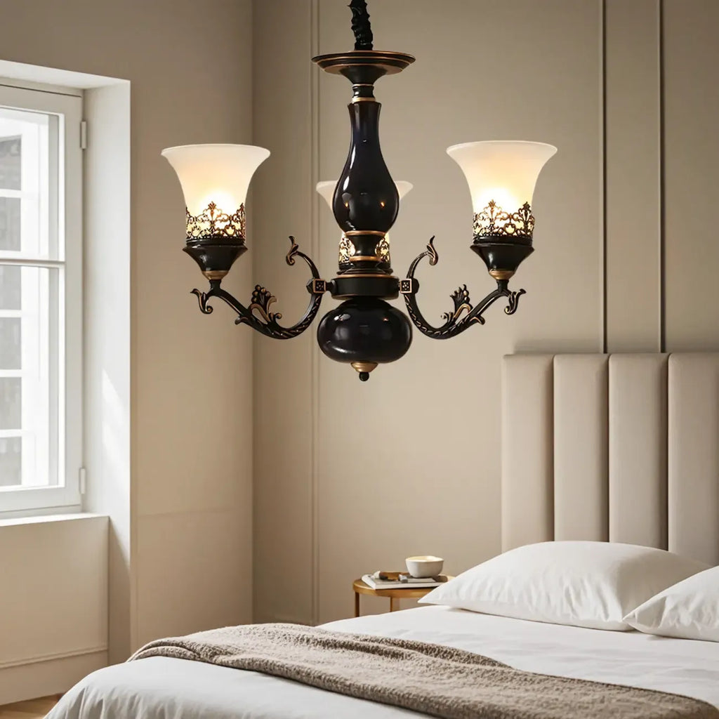 Mid-Century Living Room Black Frosted Wite Glass Bell Shape Chandelier