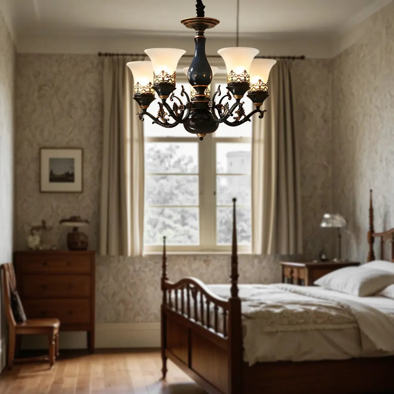 Mid-Century Living Room Black Frosted Wite Glass Bell Shape Chandelier