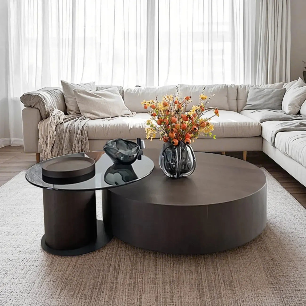 Brown Round Scandinavian Wood Coffee Table with Storage