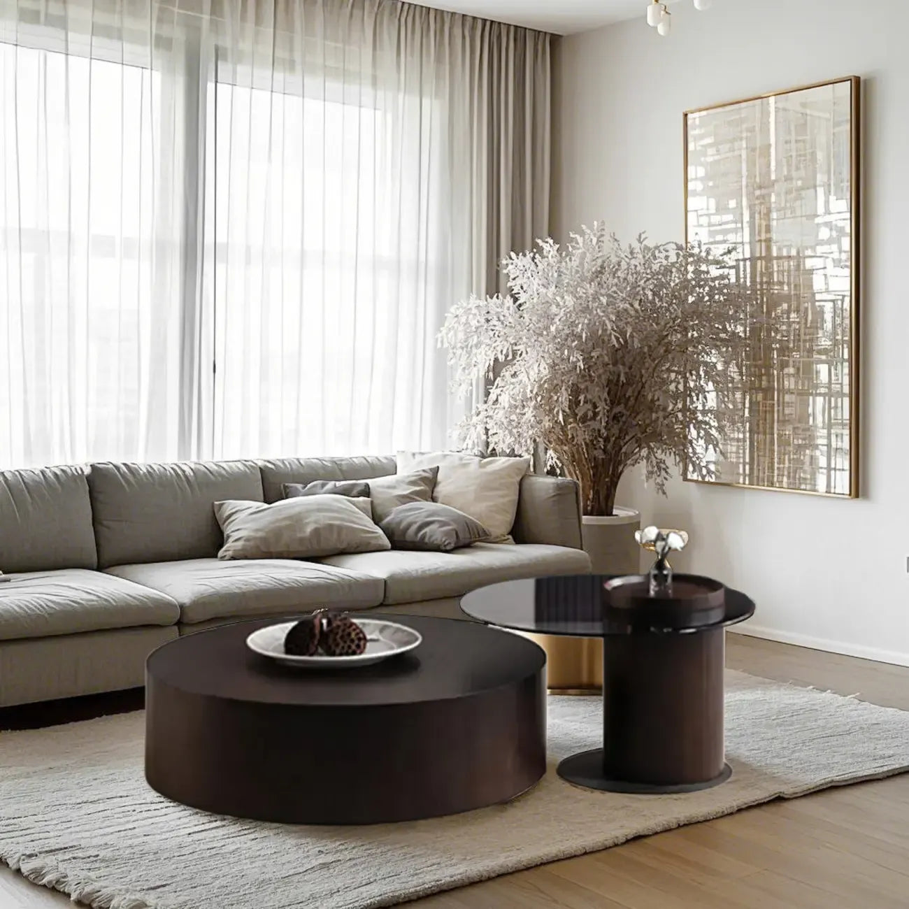 Brown Round Scandinavian Wood Coffee Table with Storage