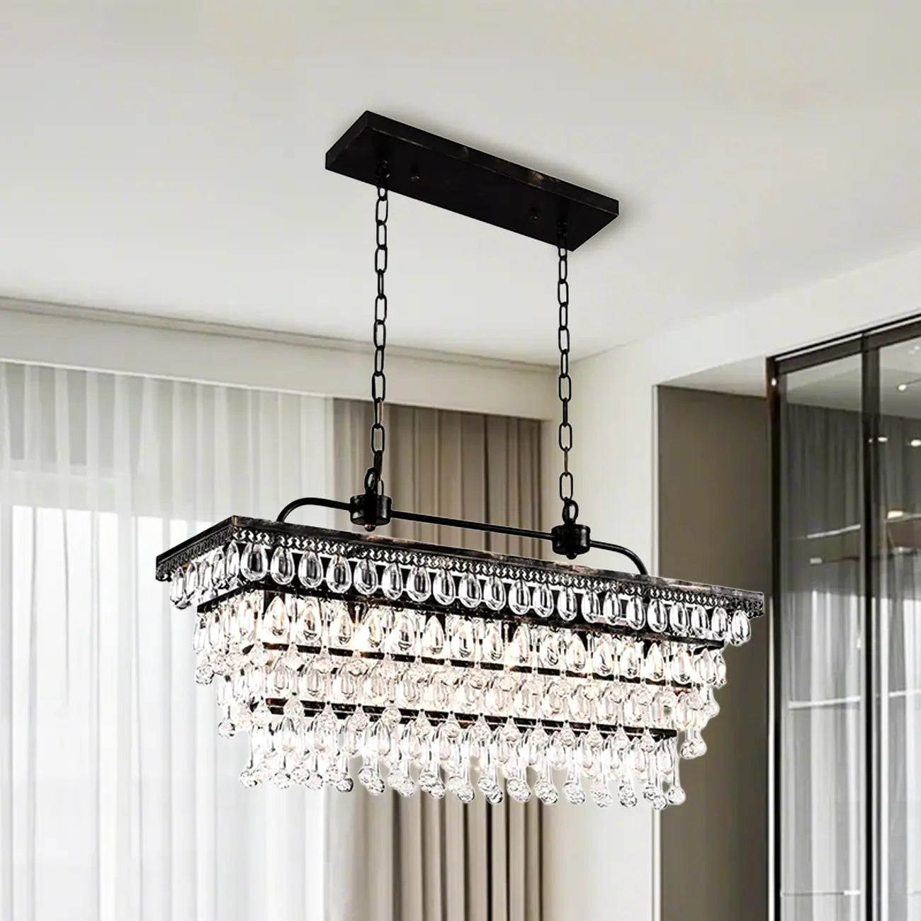 Contemporary Crystal Matte Black Island Pendant Light