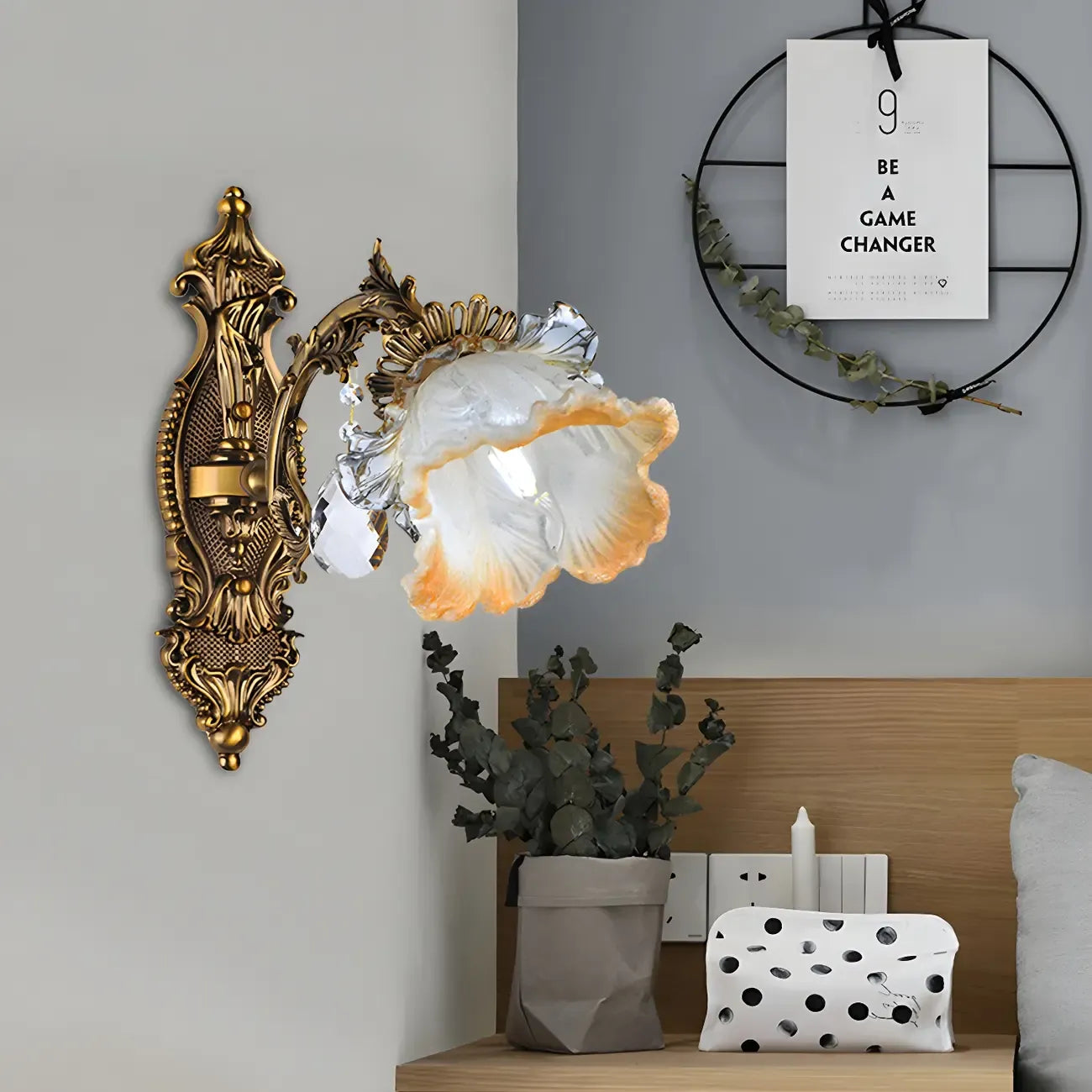 Vintage Gold Crystal Flower Shade Bedside Wall Sconce