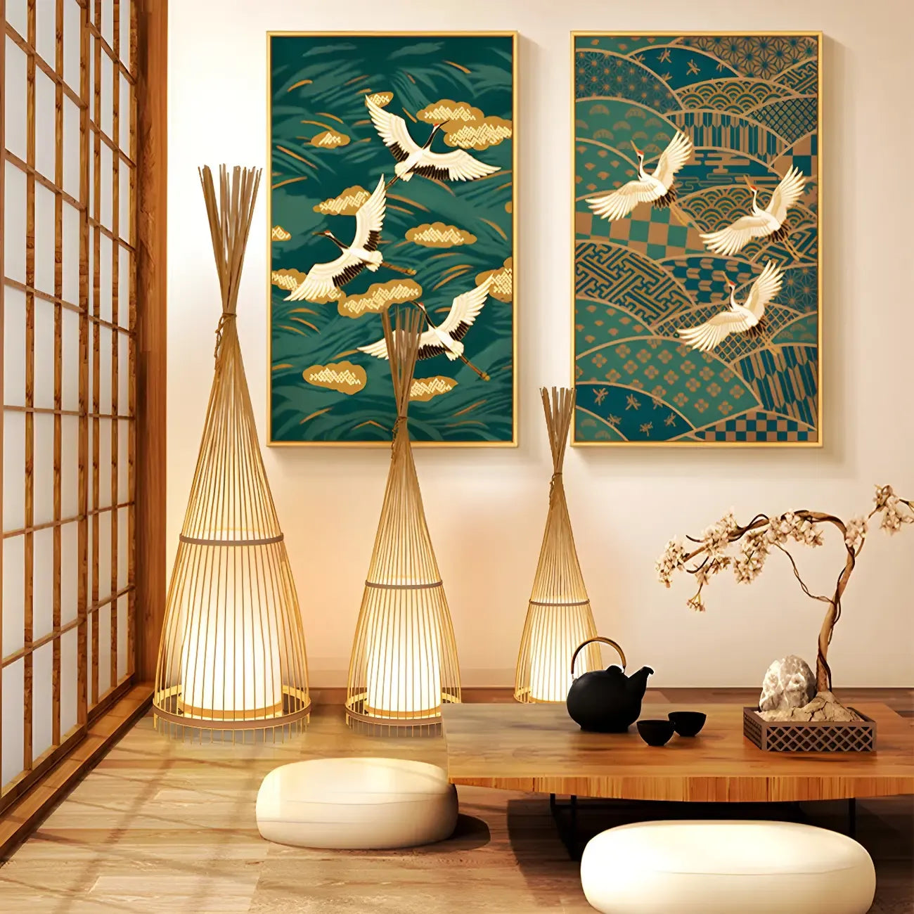 Rustic Bamboo Cover Oval Stand up Floor Lamp Shade for Living Room