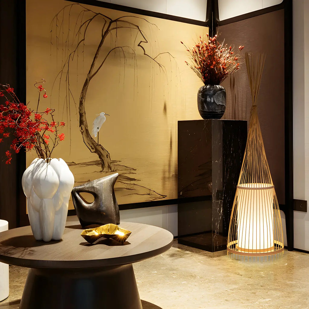 Rustic Bamboo Cover Oval Stand up Floor Lamp Shade for Living Room