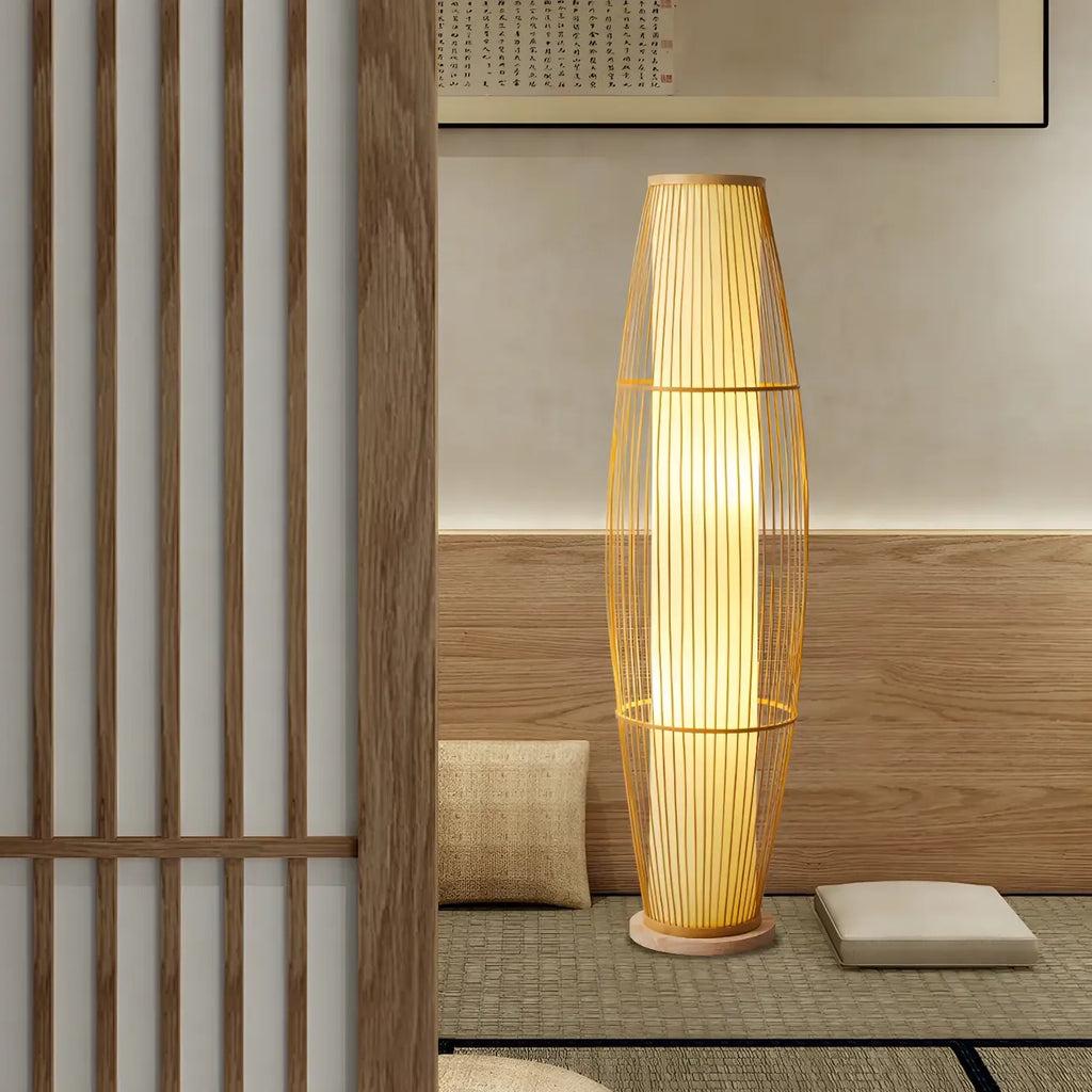 Rustic Bamboo Cover Oval Stand up Floor Lamp Shade for Living Room
