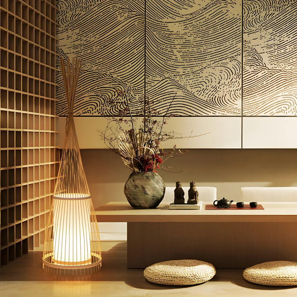 Rustic Bamboo Cover Oval Stand up Floor Lamp Shade for Living Room