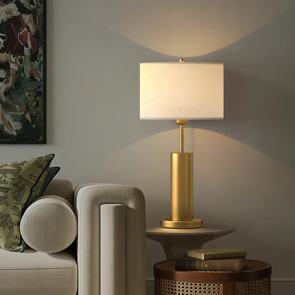 Plug-In Gold Metal Fabric Barrel-Shaped Table Lamp