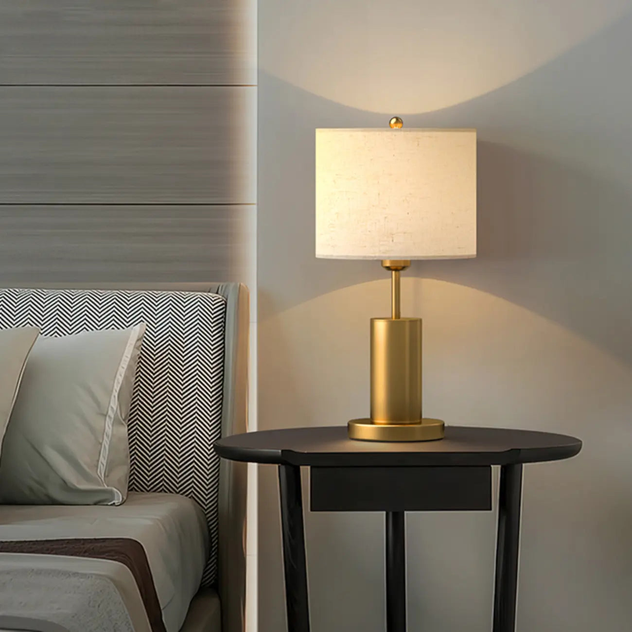 Plug-In Gold Metal Fabric Barrel-Shaped Table Lamp