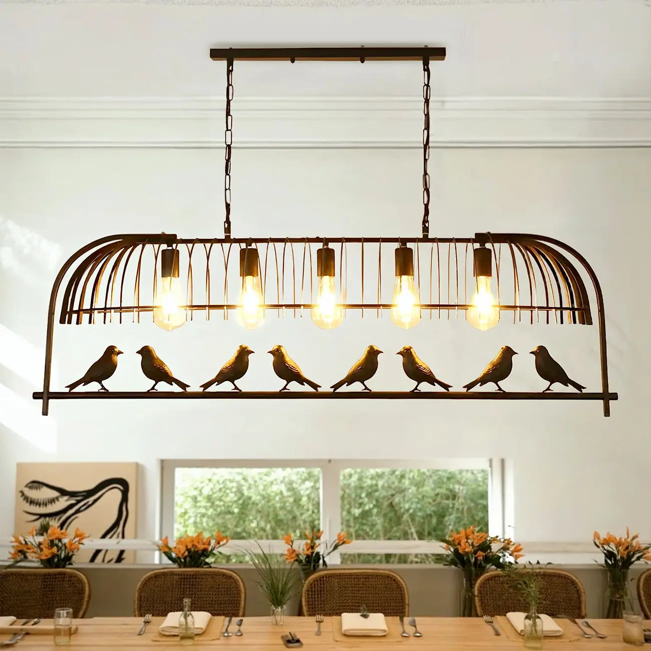 Sleek Black Metal Birdcage Island Pendant Light