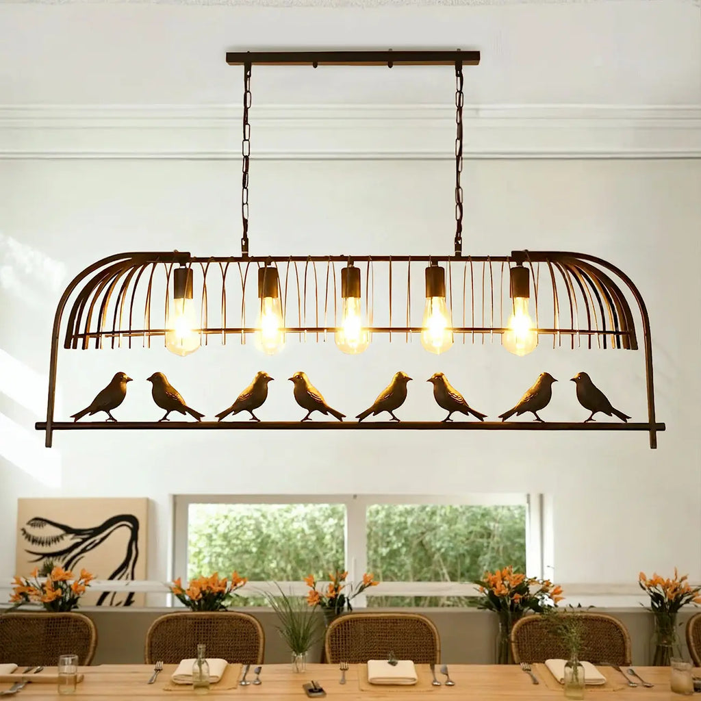 Sleek Black Metal Birdcage Island Pendant Light