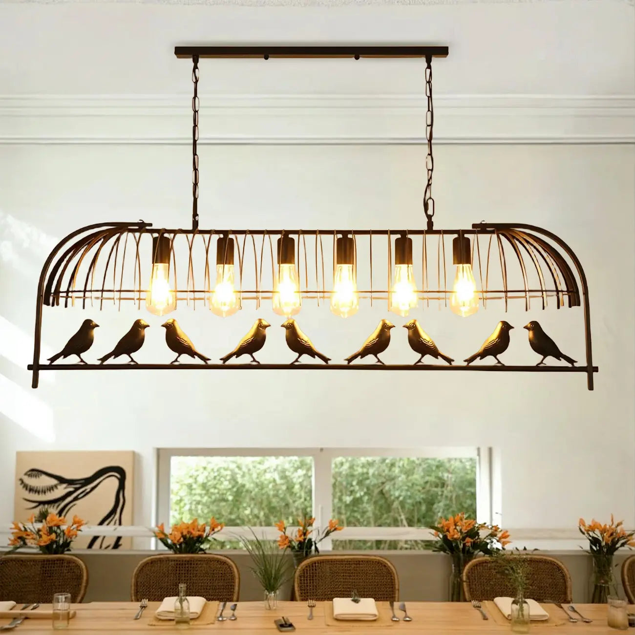 Sleek Black Metal Birdcage Island Pendant Light