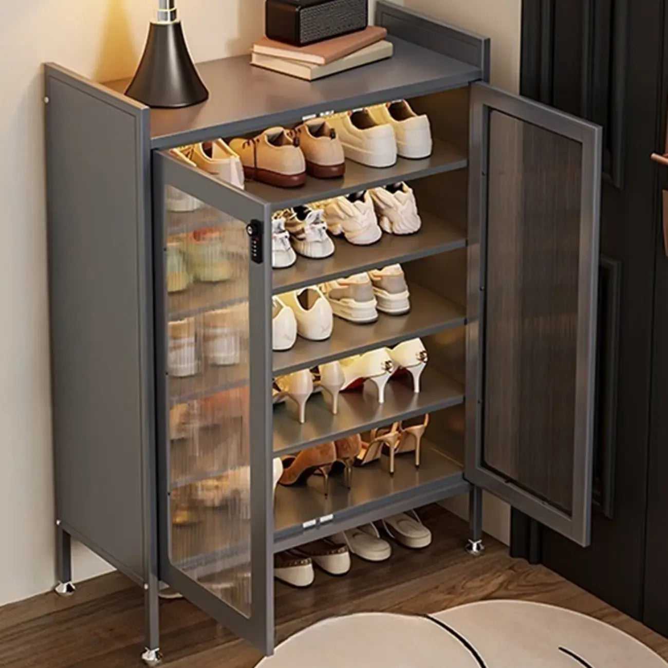 Elegant Grey Metal Code Lock Shoe Cabinet for Hallway