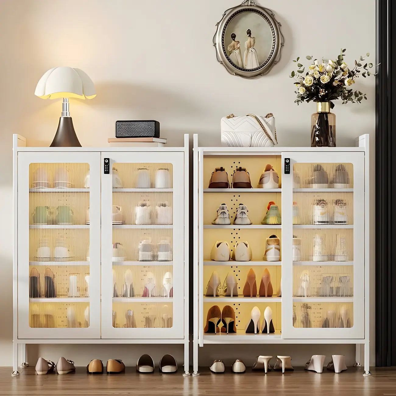 Elegant Grey Metal Code Lock Shoe Cabinet for Hallway