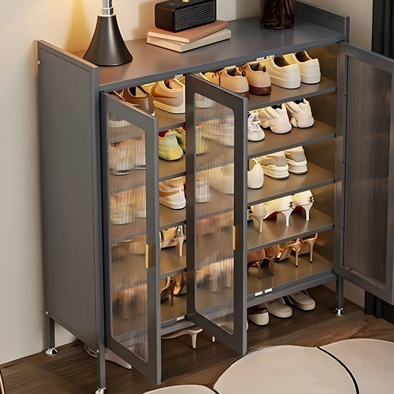Elegant Grey Metal Code Lock Shoe Cabinet for Hallway
