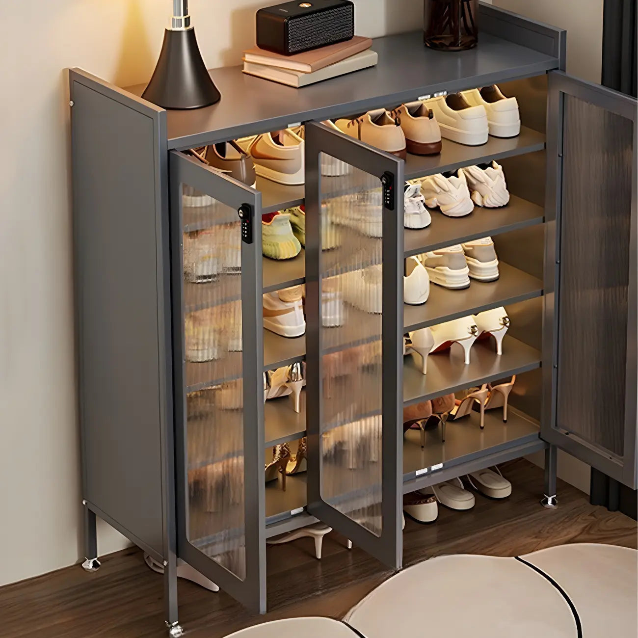 Elegant Grey Metal Code Lock Shoe Cabinet for Hallway