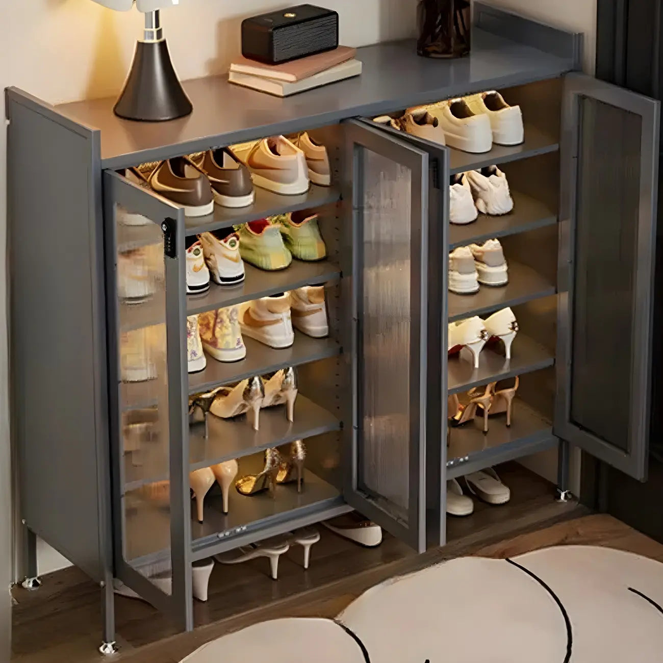 Elegant Grey Metal Code Lock Shoe Cabinet for Hallway