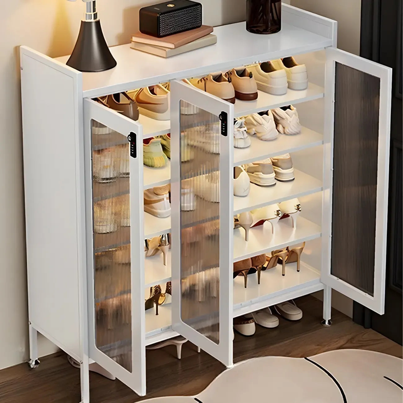 Elegant Grey Metal Code Lock Shoe Cabinet for Hallway