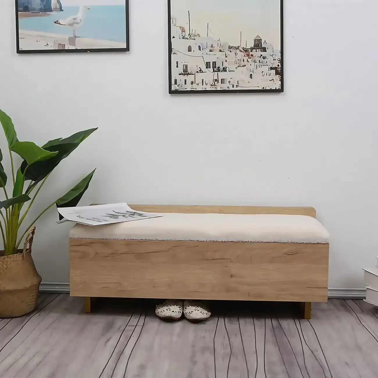 Nordic Wood Lift-Top Cushioned Shoe Storage Bench