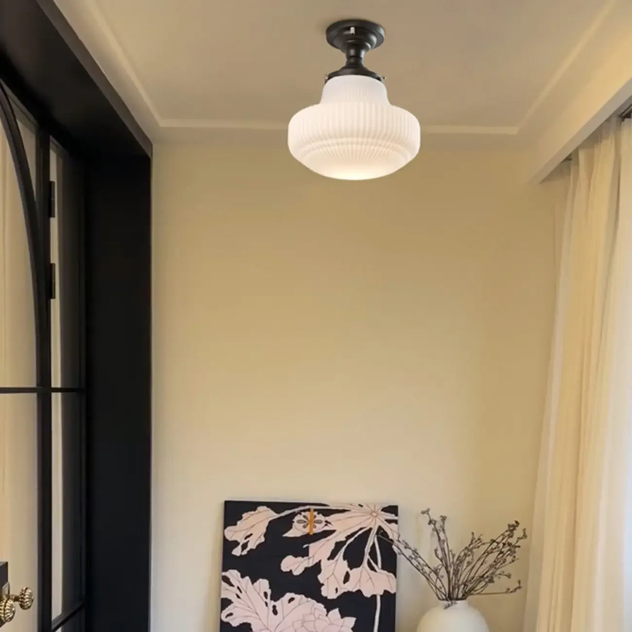 Art Deco Black Metal Glass Modern Semi-Flush Ceiling Light