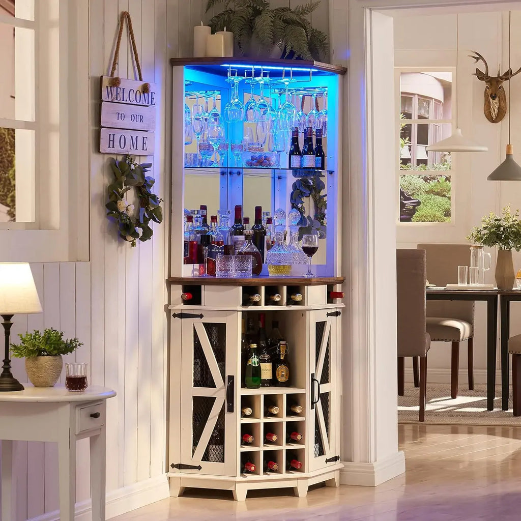 Led Light Corner Wine Cabinet with Adjustable Rack and Glass Shelf