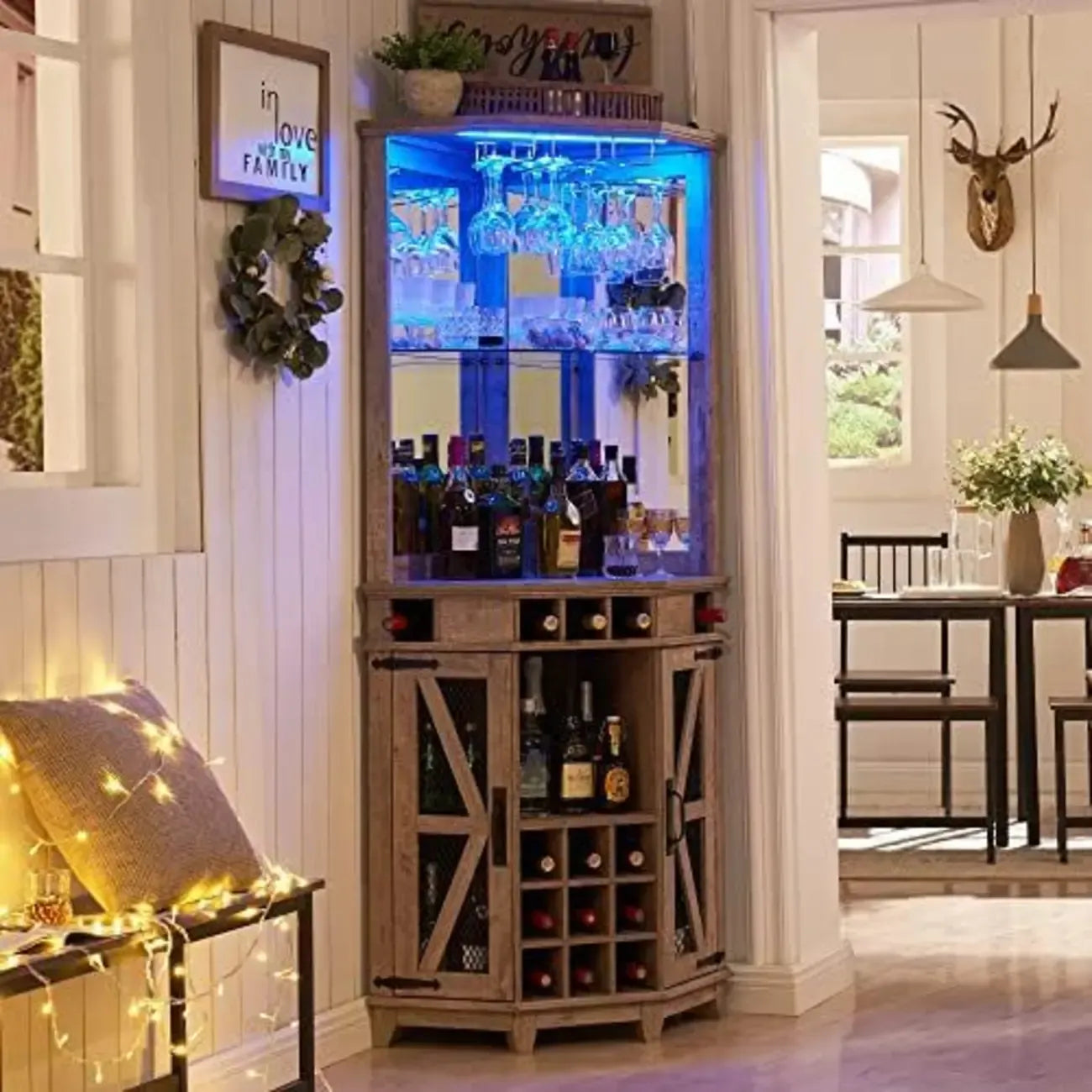 Led Light Corner Wine Cabinet with Adjustable Rack and Glass Shelf