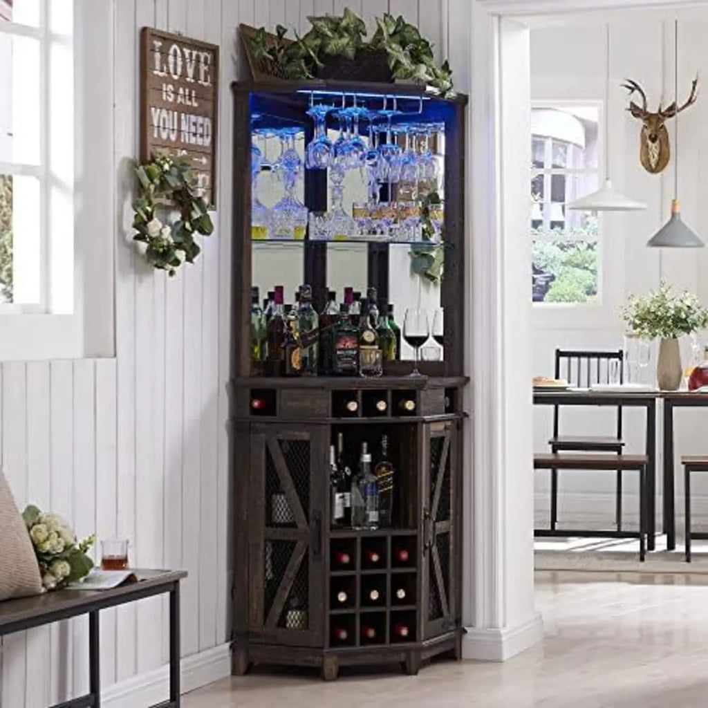 Led Light Corner Wine Cabinet with Adjustable Rack and Glass Shelf