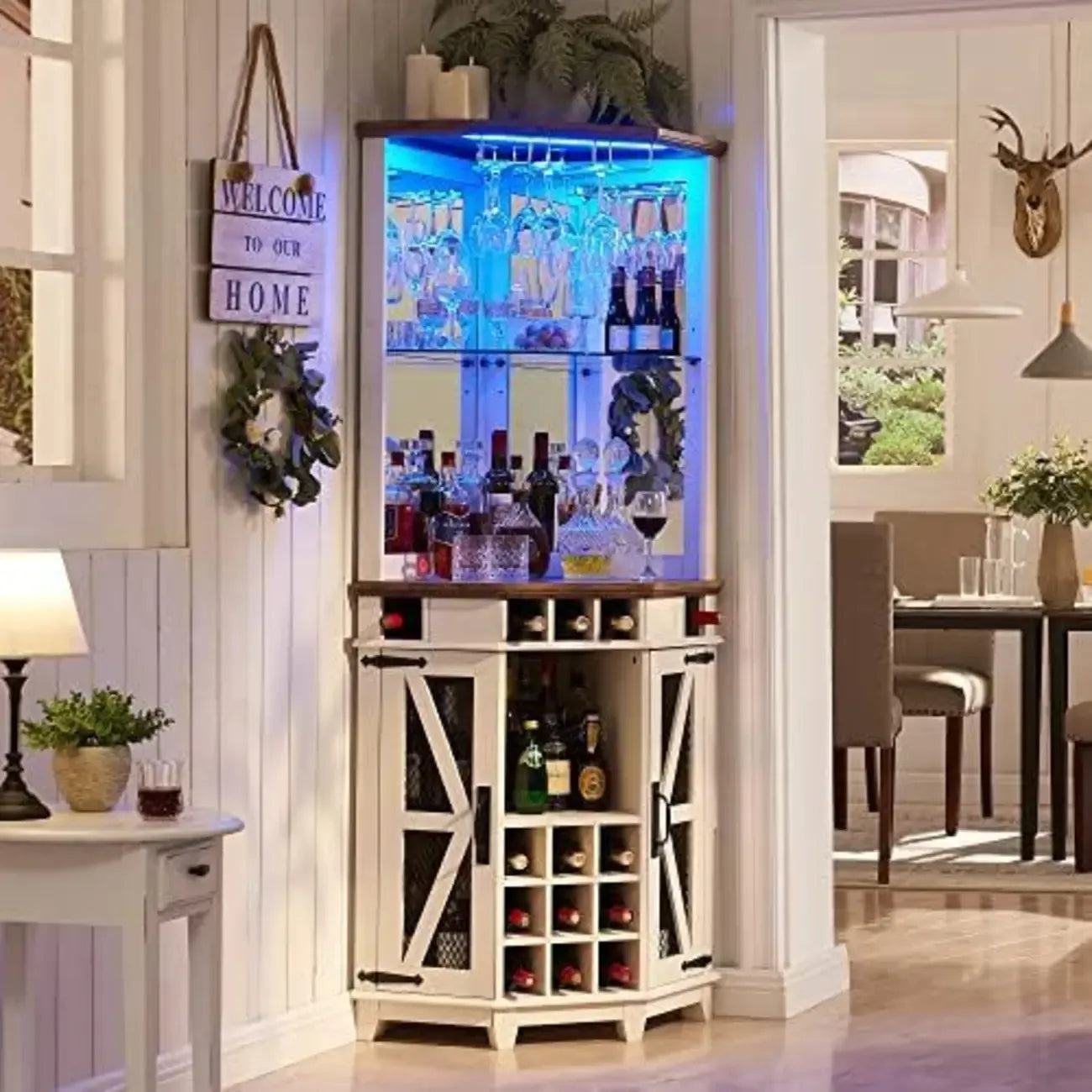 Led Light Corner Wine Cabinet with Adjustable Rack and Glass Shelf