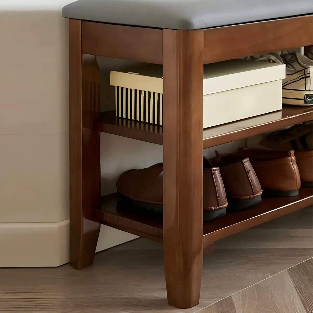 Entryway Walnut Wooden Adjustable Shoe Storage Bench