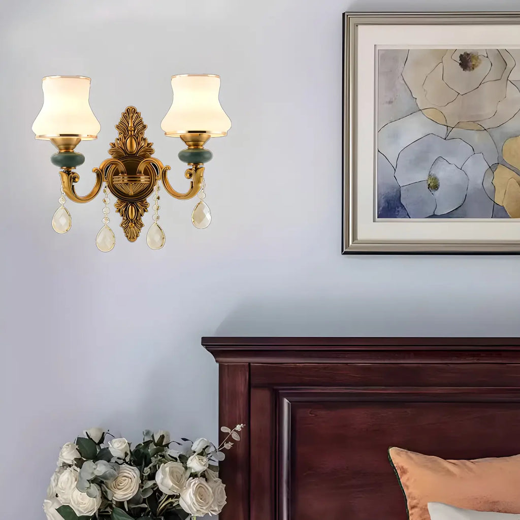 Vintage Brass Dual Arm Wall Sconce with Crystal Accents