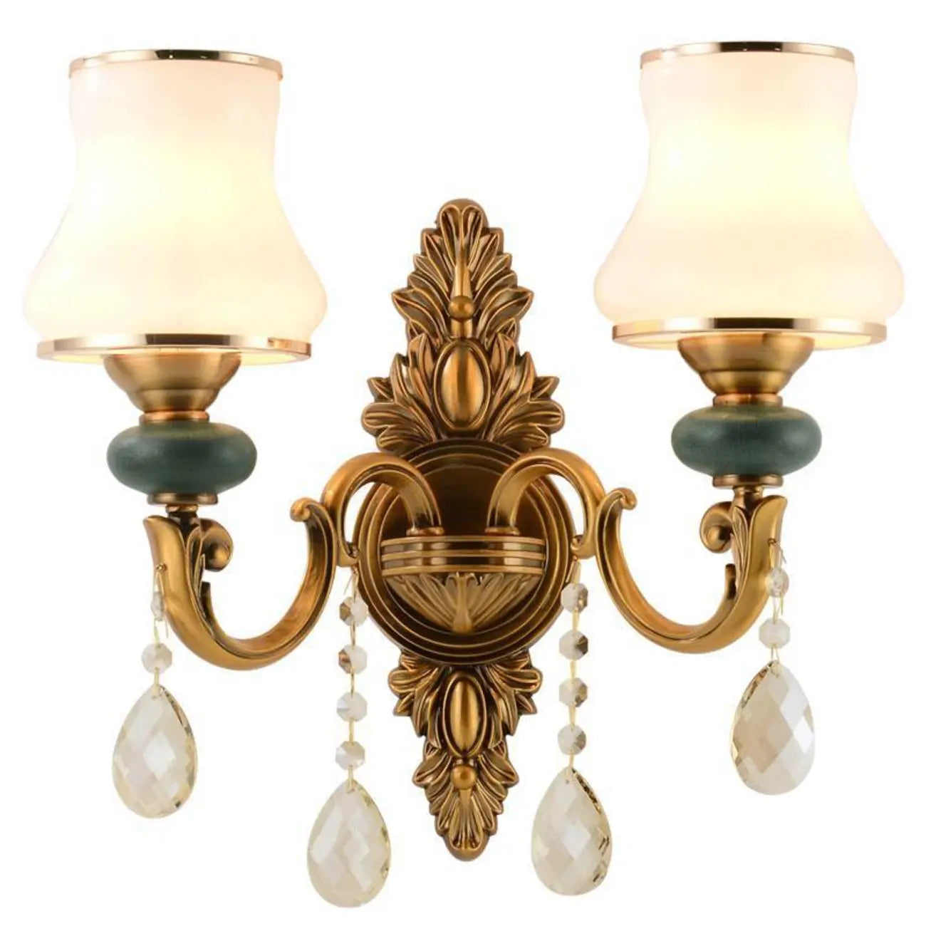 Vintage Brass Dual Arm Wall Sconce with Crystal Accents