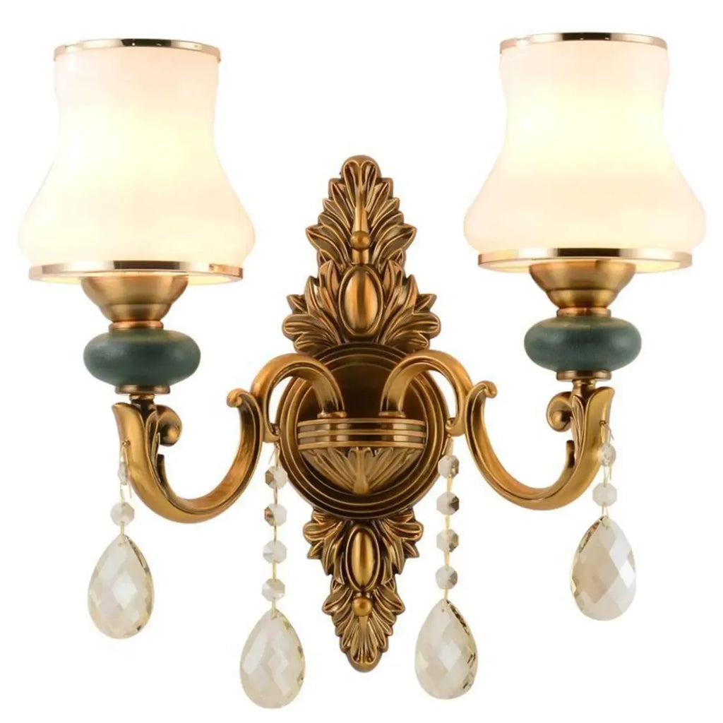 Vintage Brass Dual Arm Wall Sconce with Crystal Accents
