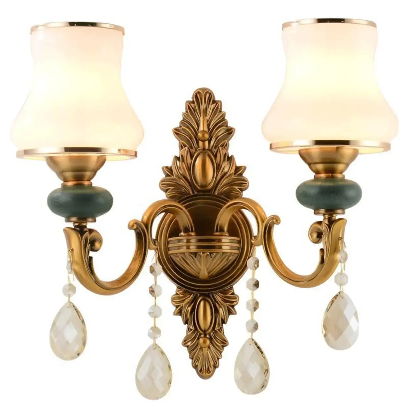 Vintage Brass Dual Arm Wall Sconce with Crystal Accents