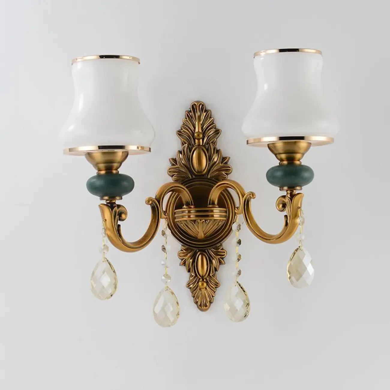 Vintage Brass Dual Arm Wall Sconce with Crystal Accents