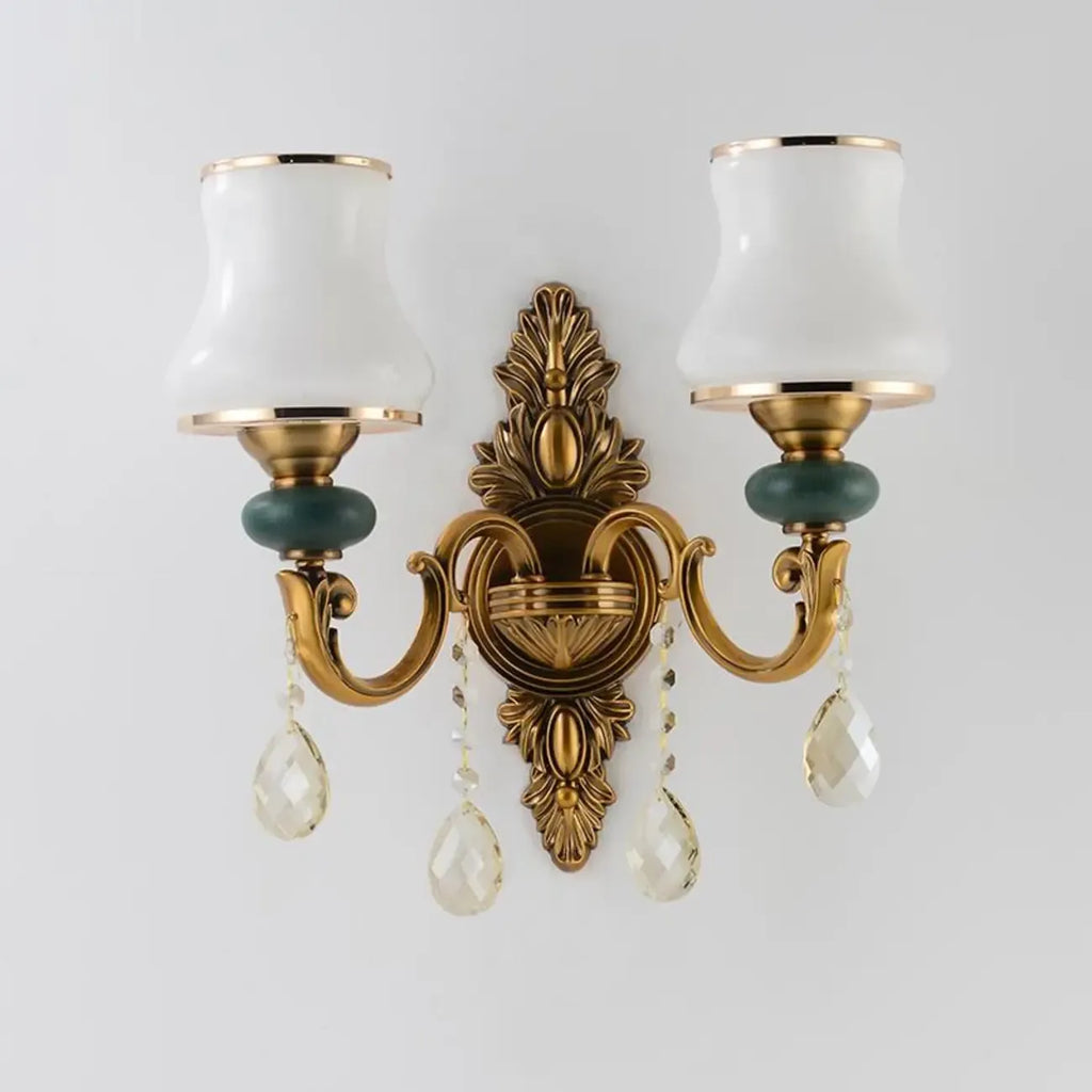 Vintage Brass Dual Arm Wall Sconce with Crystal Accents
