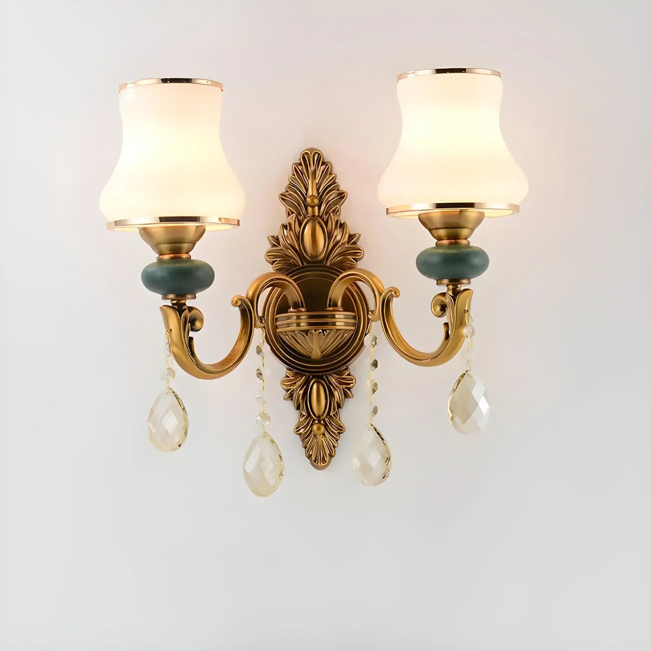 Vintage Brass Dual Arm Wall Sconce with Crystal Accents