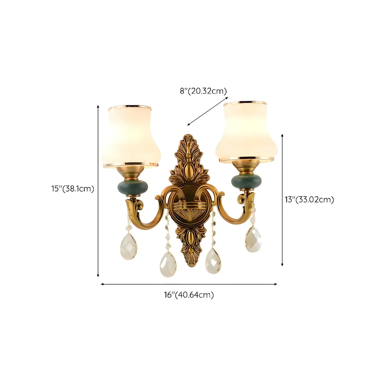 Vintage Brass Dual Arm Wall Sconce with Crystal Accents