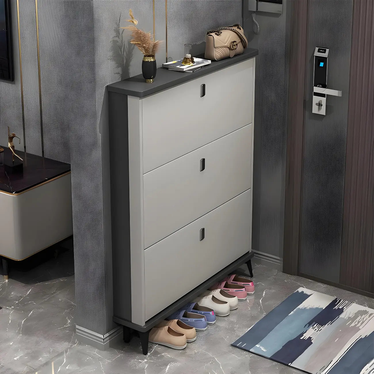 Entryway Grey/White Drop Front Shoe Storage Cabinet