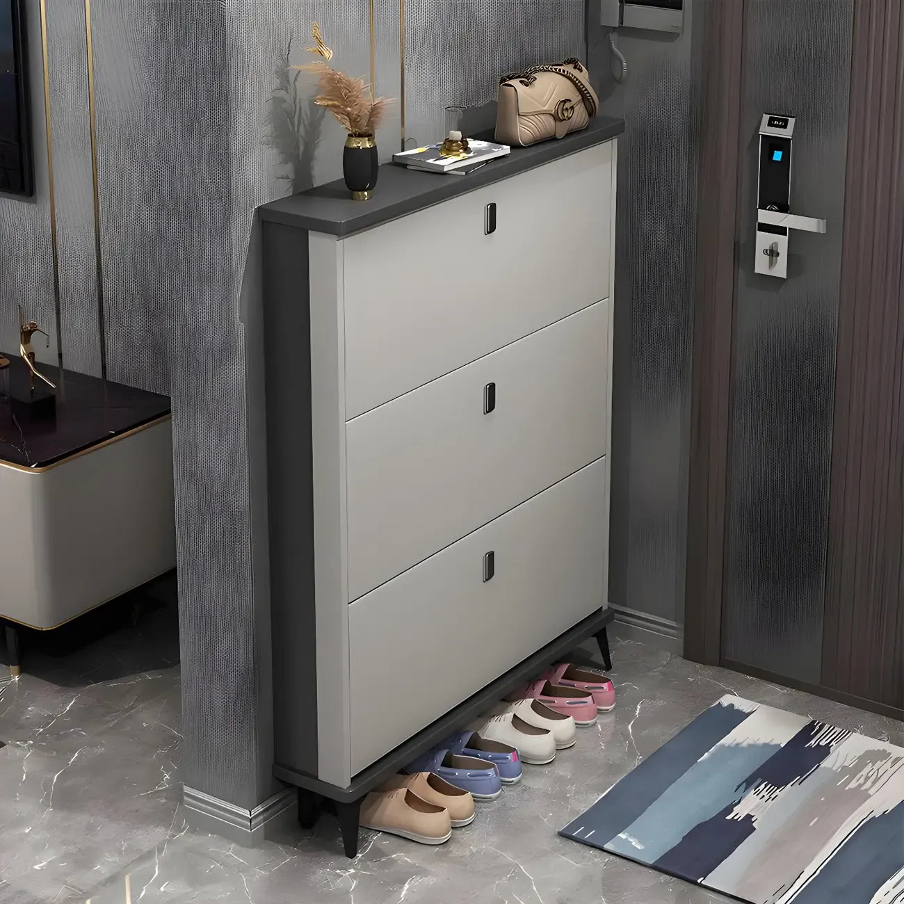 Entryway Grey/White Drop Front Shoe Storage Cabinet