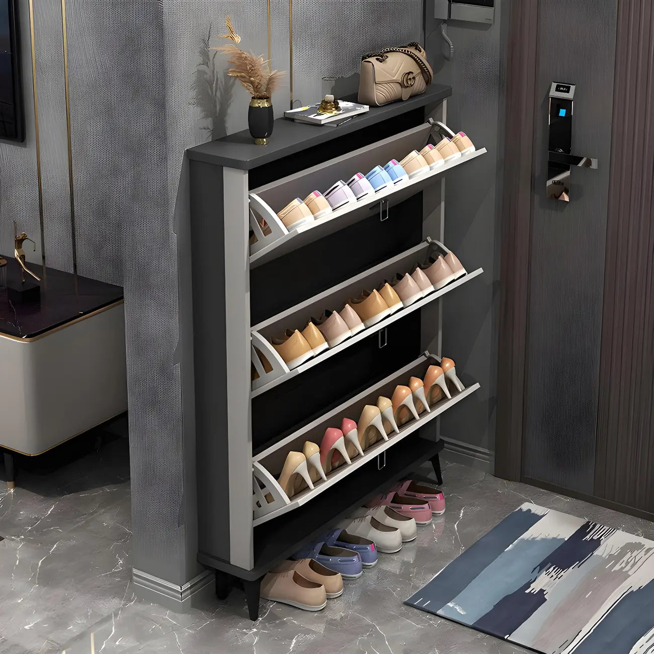 Entryway Grey/White Drop Front Shoe Storage Cabinet