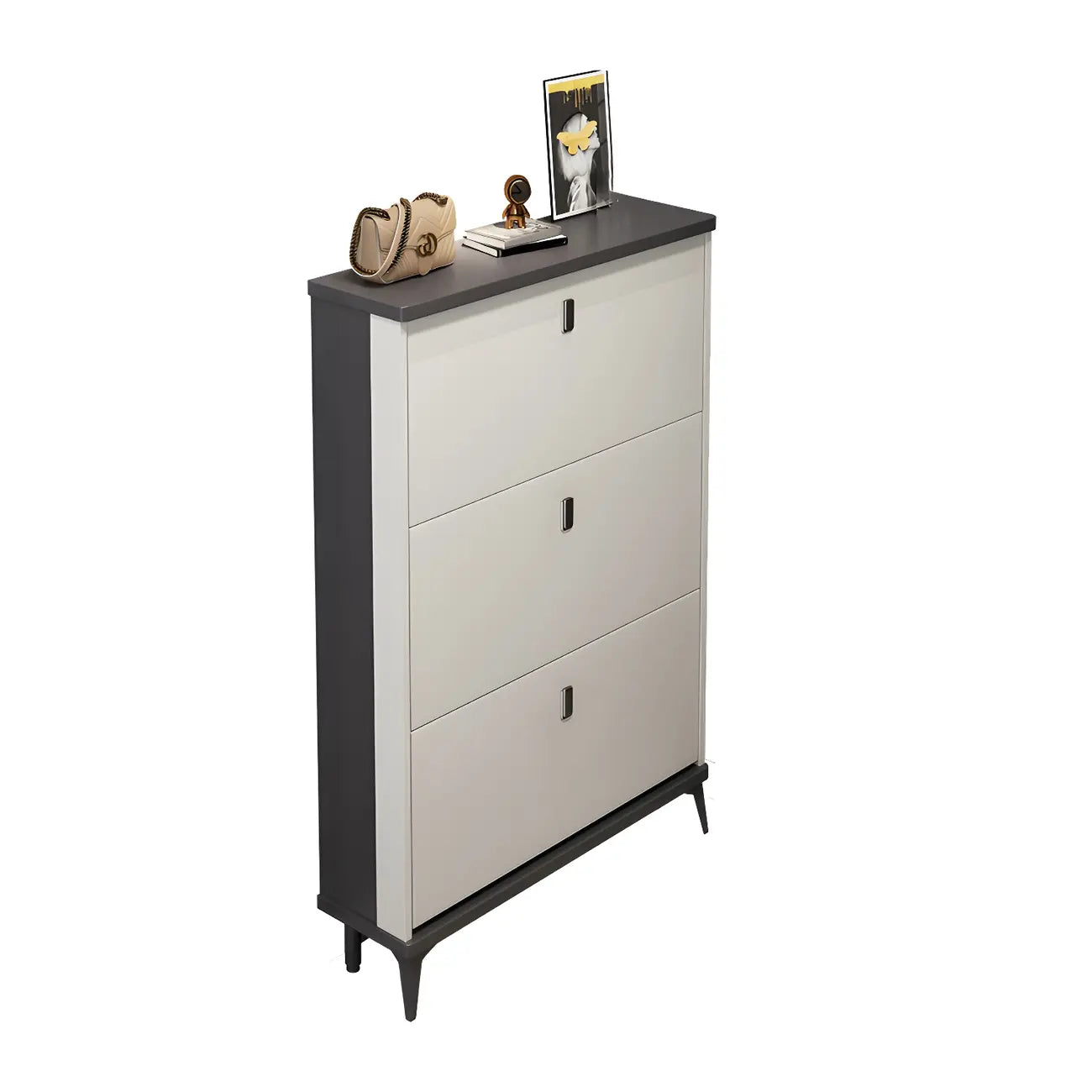 Entryway Grey/White Drop Front Shoe Storage Cabinet
