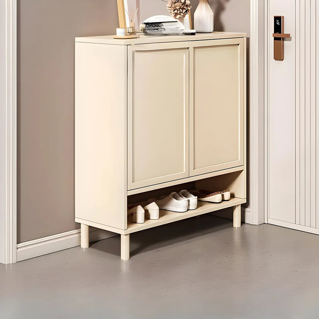 Cream White Wood Shoe Cabinet with Shoe Lattice