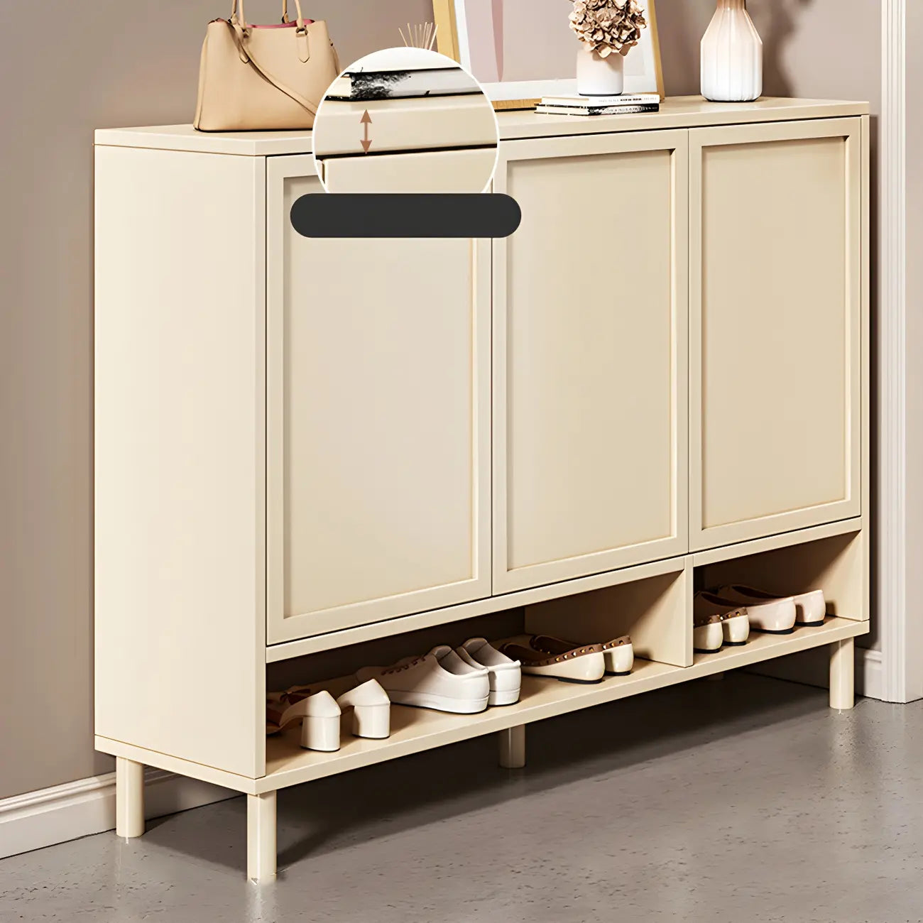Cream White Wood Shoe Cabinet with Shoe Lattice