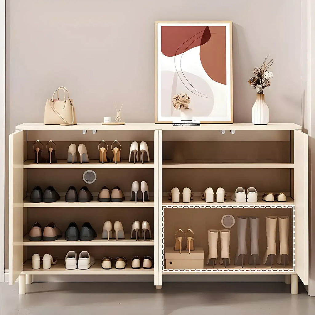 Cream White Wood Shoe Cabinet with Shoe Lattice