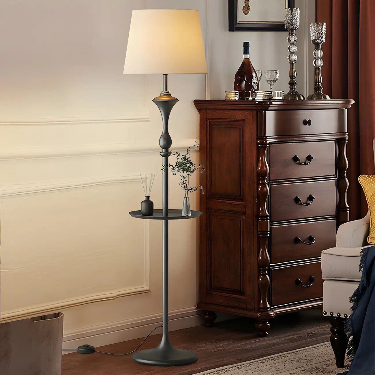 63 Black Metal Modern Floor Lamp with Shelf & LED Light