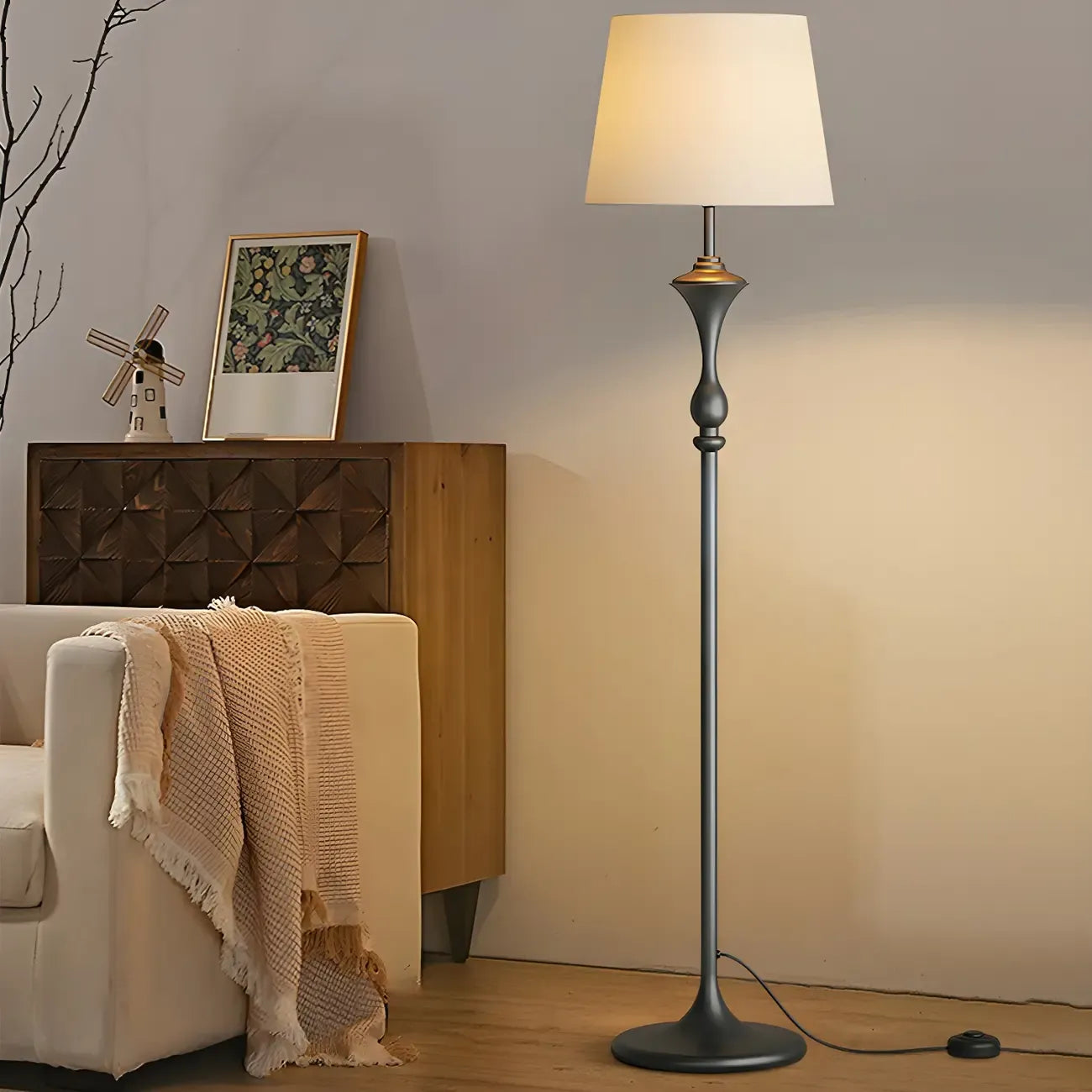 63 Black Metal Modern Floor Lamp with Shelf & LED Light