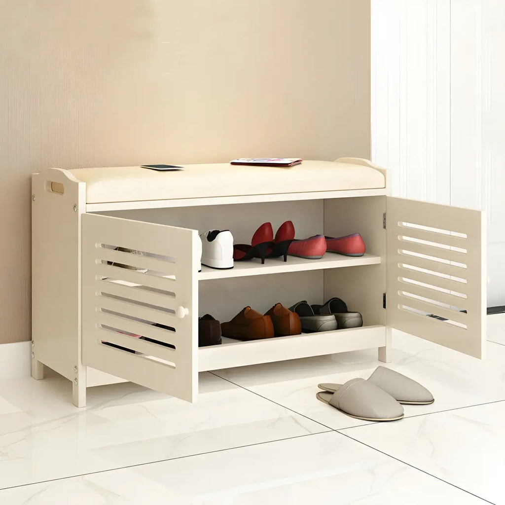 Adjustable White Wood Shoe Bench with Breathable door
