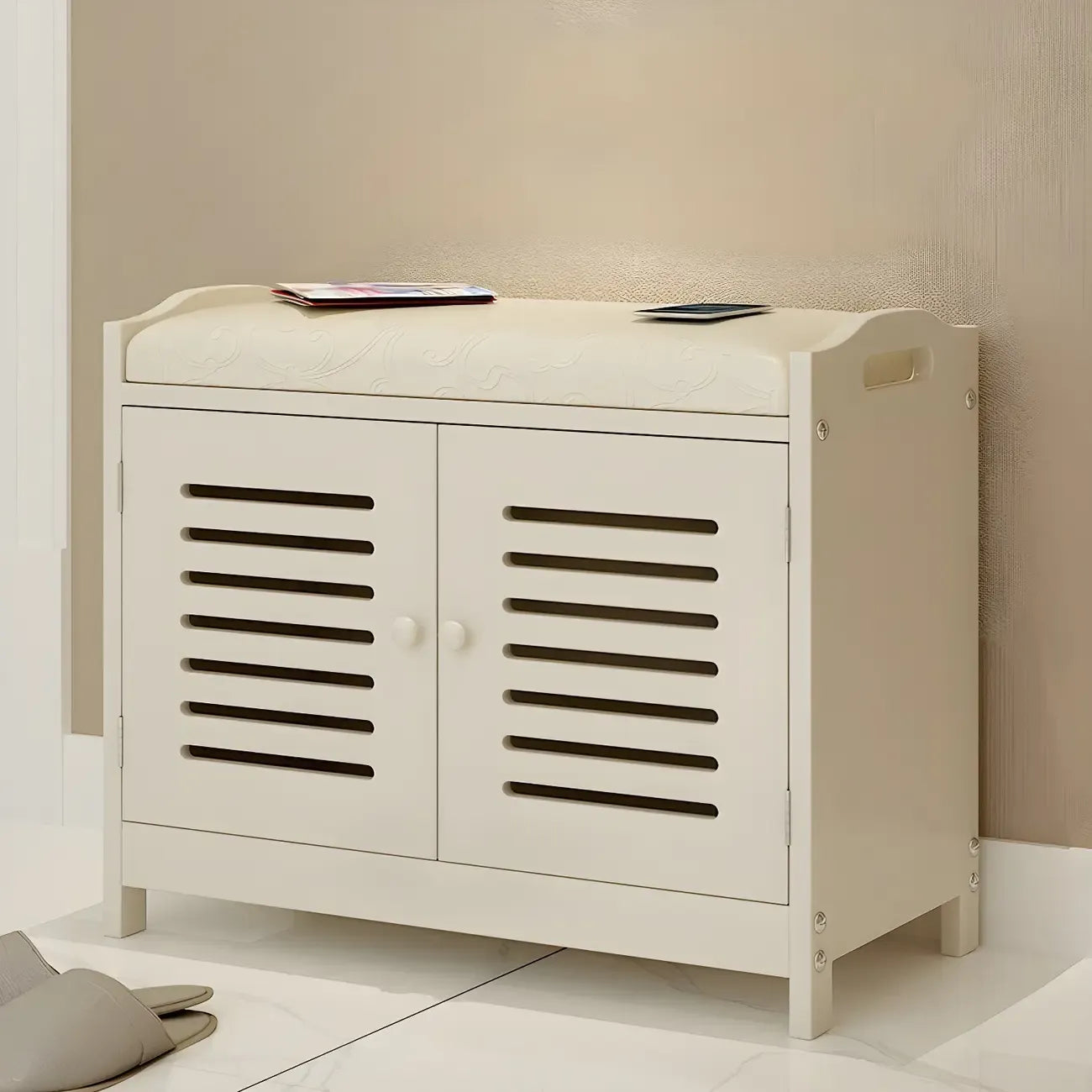 Adjustable White Wood Shoe Bench with Breathable door