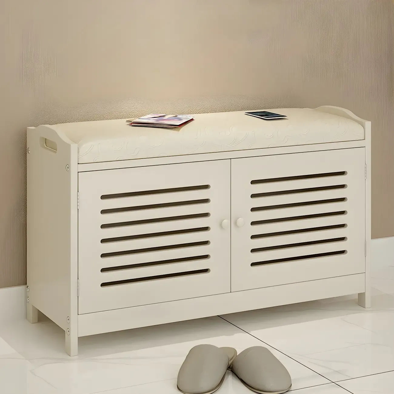 Adjustable White Wood Shoe Bench with Breathable door